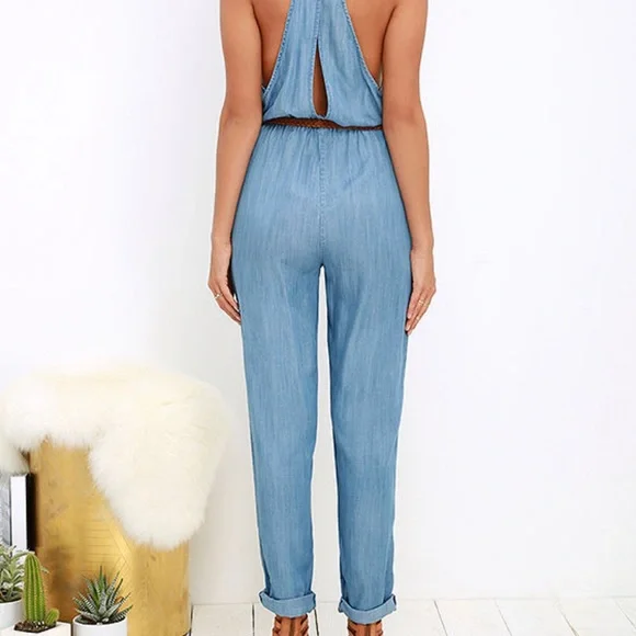 RVCA Be About It Lulu’s Blue Chambray Jumpsuit Size XS. - Picture 2 of 5